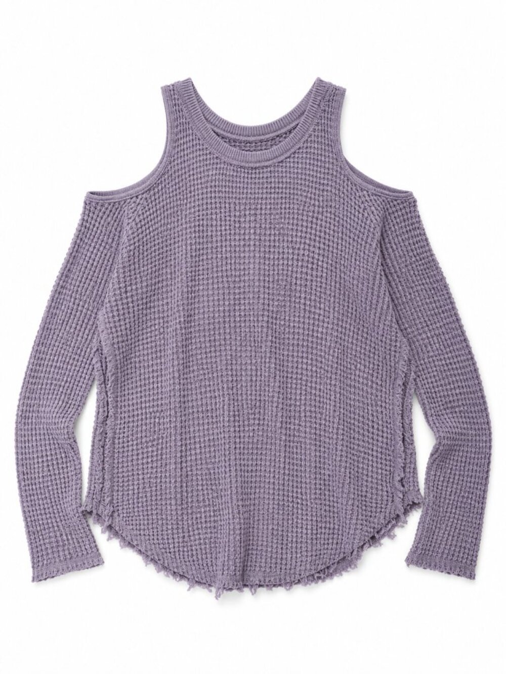 FREE PEOPLE Lavender Sunrise Cold Shoulder Waffle Knit Distressed Sweater